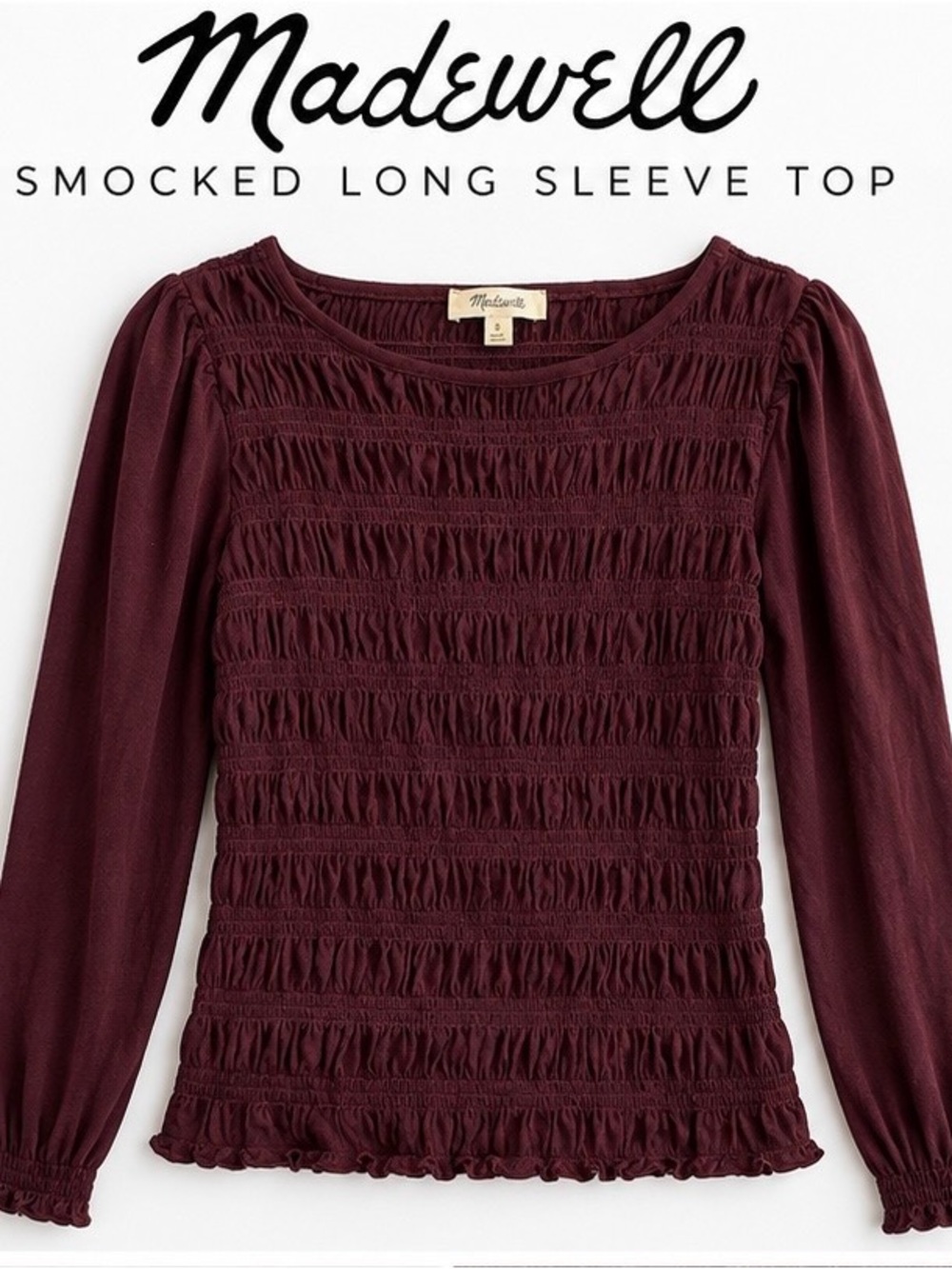MADEWELL BURGUNDY SMOCKED RUCHED LONG SLEEVE TOP. (Small)